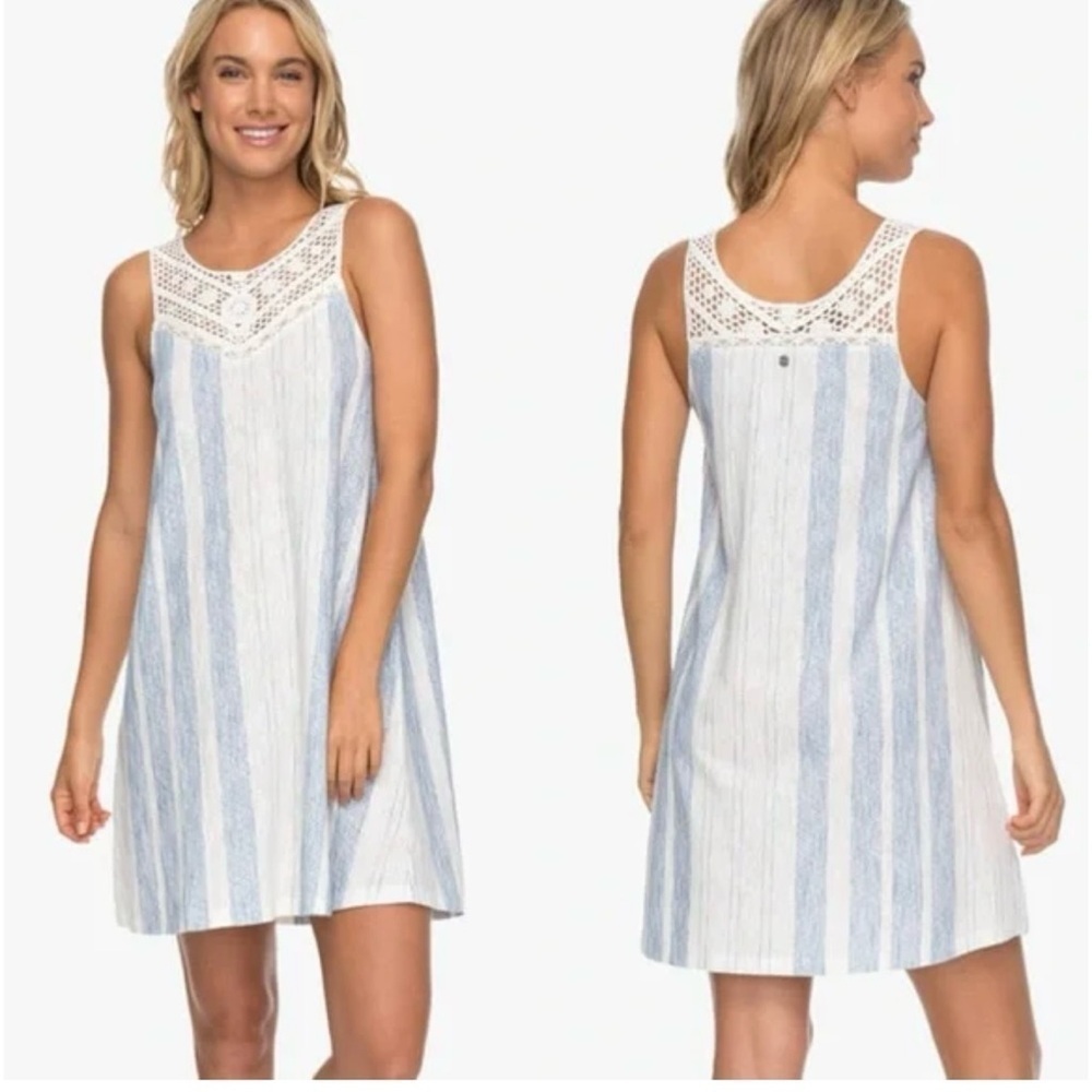 ROXY Azure Escape Sleeveless Striped Dress with Crochet Yoke Blue White Sz Small